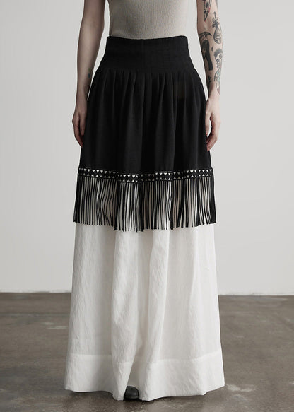 Stylish Colorblock Tasseled Patchwork Cotton Skirt Fall