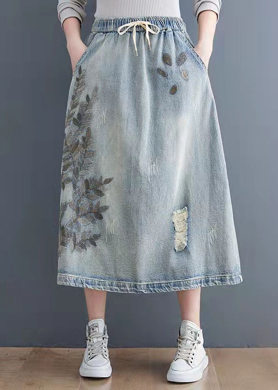 Art Navy Embroideried Hole Cozy Denim Skirt