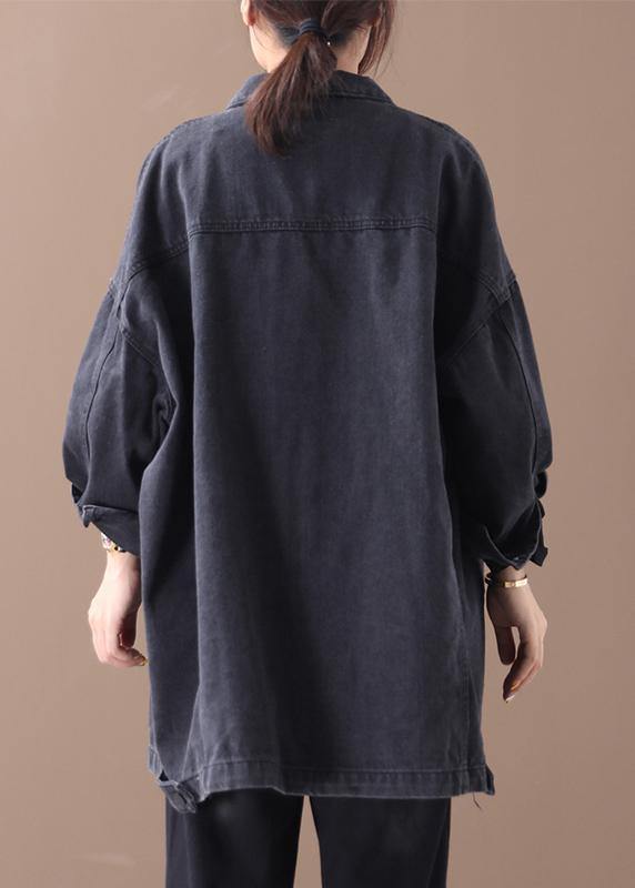 Organic Denim Black Cotton Crane Tops Lapel Pockets Midi Fall Blouses