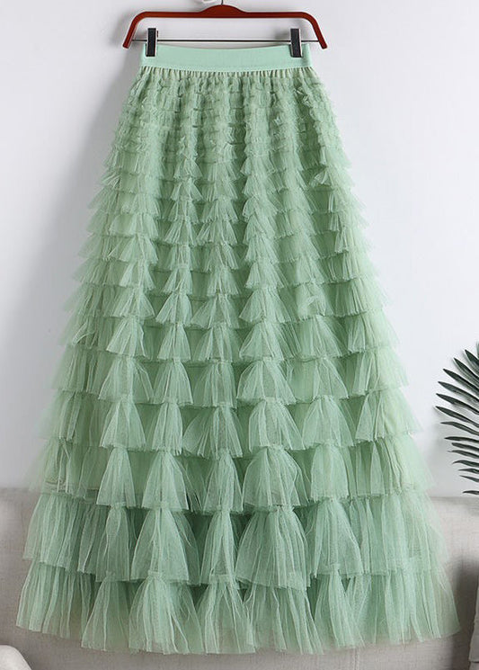 Light Green Elastic Waist Layered Tulle a Line Skirt Summer
