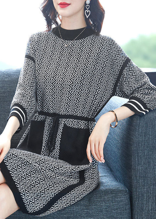 Black O-neck Print Drawstring Knit Sweater Dress Long Sleeve