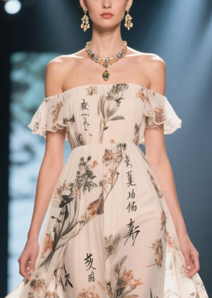 White Ruffled Print Chiffon Strapless Dress Summer