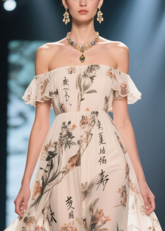White Ruffled Print Chiffon Strapless Dress Summer