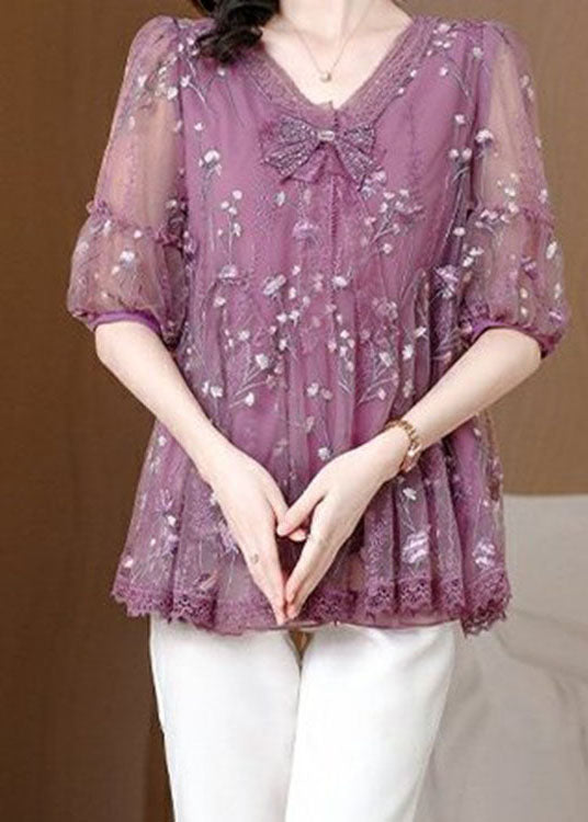 Purple V Neck Embroidered Bow Lace Top Summer
