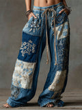 Boho Floral Embroidered Colorblock Flowy Wide Leg Linen Pants elevenforest