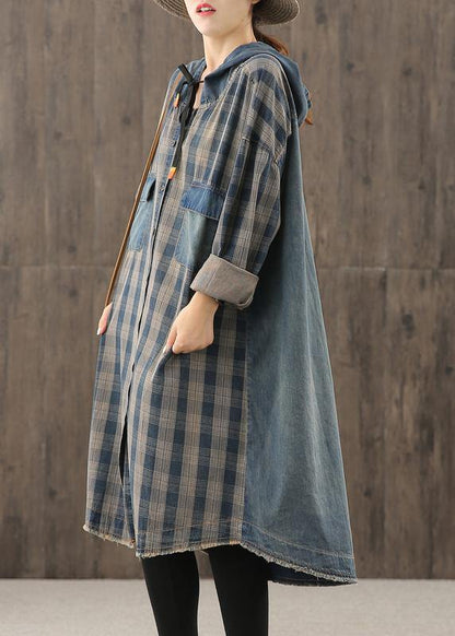 Vivid Denim Blue Plaid Tunic Hooded Button Down Dress