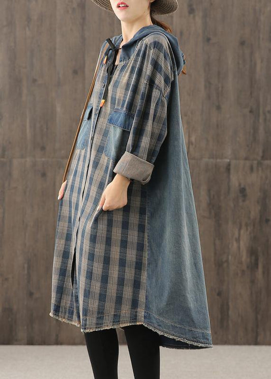 Vivid Denim Blue Plaid Tunic Hooded Button Down Dress