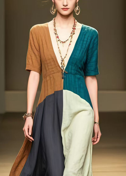 Colorblock Patchwork Cotton Long Dress Deep-v Neck Summer