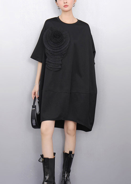 Loose Black O Neck Dress Half Sleeve