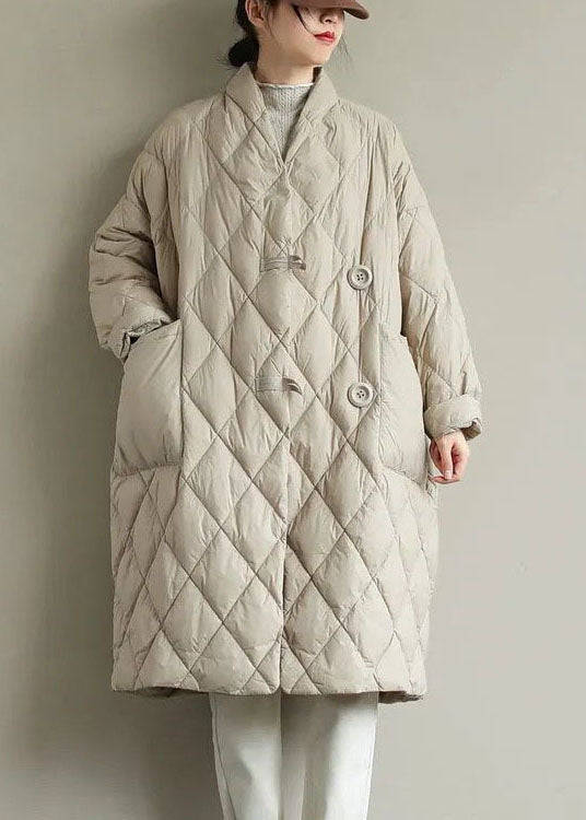 Apricot V Neck Pockets Fine Cotton Filled Puffers Jackets Winter