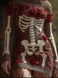 Comstylish Women's Halloween Skeleton And Rose Round Neck Sweater