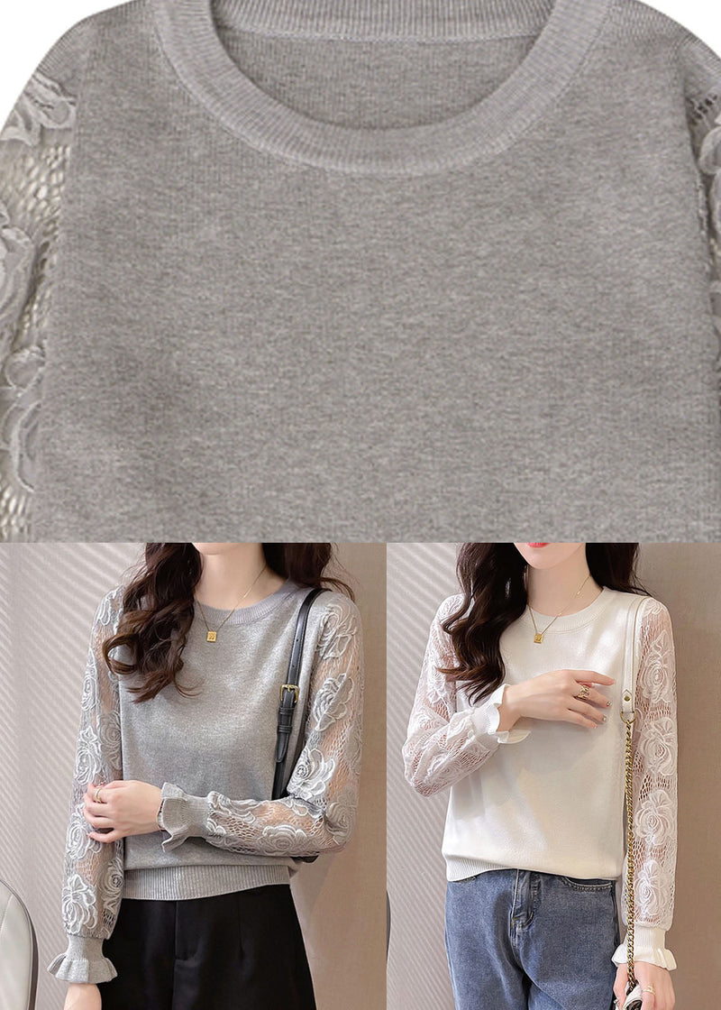 White O-neck Hollow Out Tops Long Sleeve