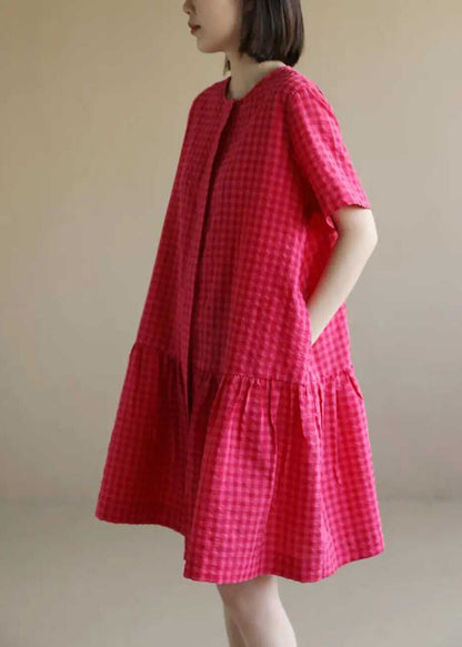 Red O Neck Plaid Cotton Mid Dresses Summer