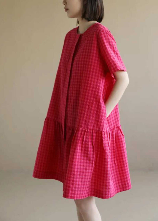 Red O Neck Plaid Cotton Mid Dresses Summer