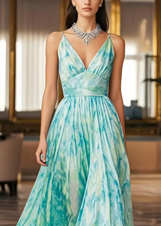 Light Blue Print Exra Large Hem Chiffon Cami Dresses Summer