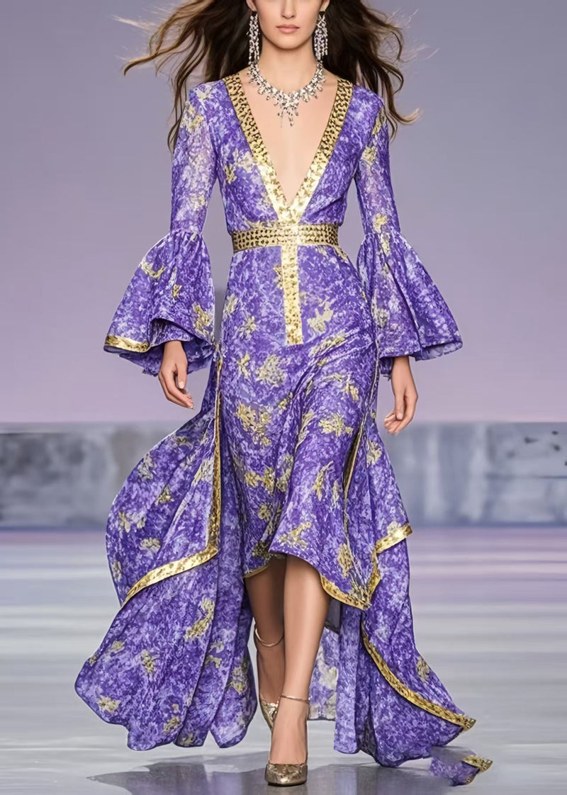 French Lavender Print Asymmetrical Exra Large Hem Party Dress Flare Sleeve