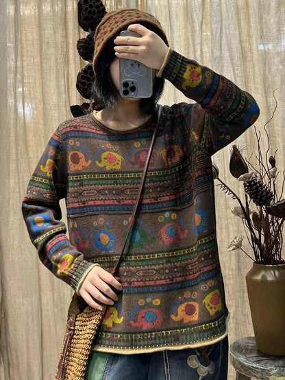 Winter Cotton Print O-neck Loose Sweater