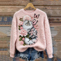 Comstylish Classy Fuzzy Cat Floral Art Cozy Knit Sweater