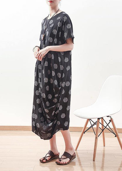 French Black Prints Linen Dress Sewing Draping Long Summer Dresses