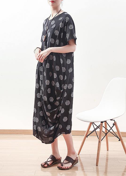 French Black Prints Linen Dress Sewing Draping Long Summer Dresses