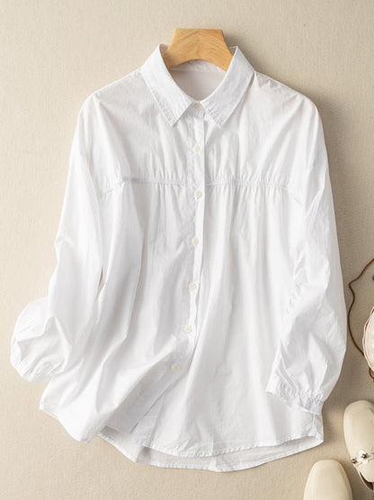 100% Natural Fabric Pleated Commuter Loose Shirt in White