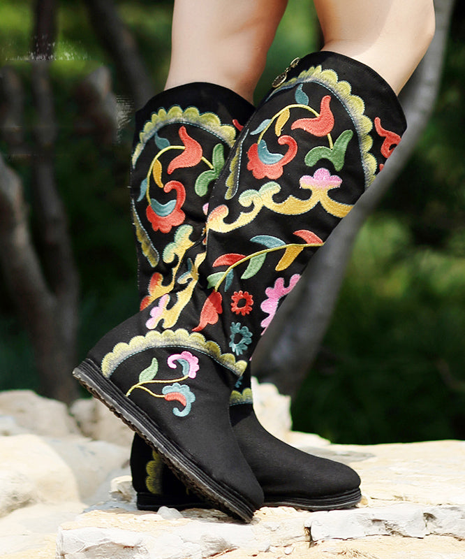 Black Embroideried Cowgirl Boots Cotton Fabric Zippered Knee Boots