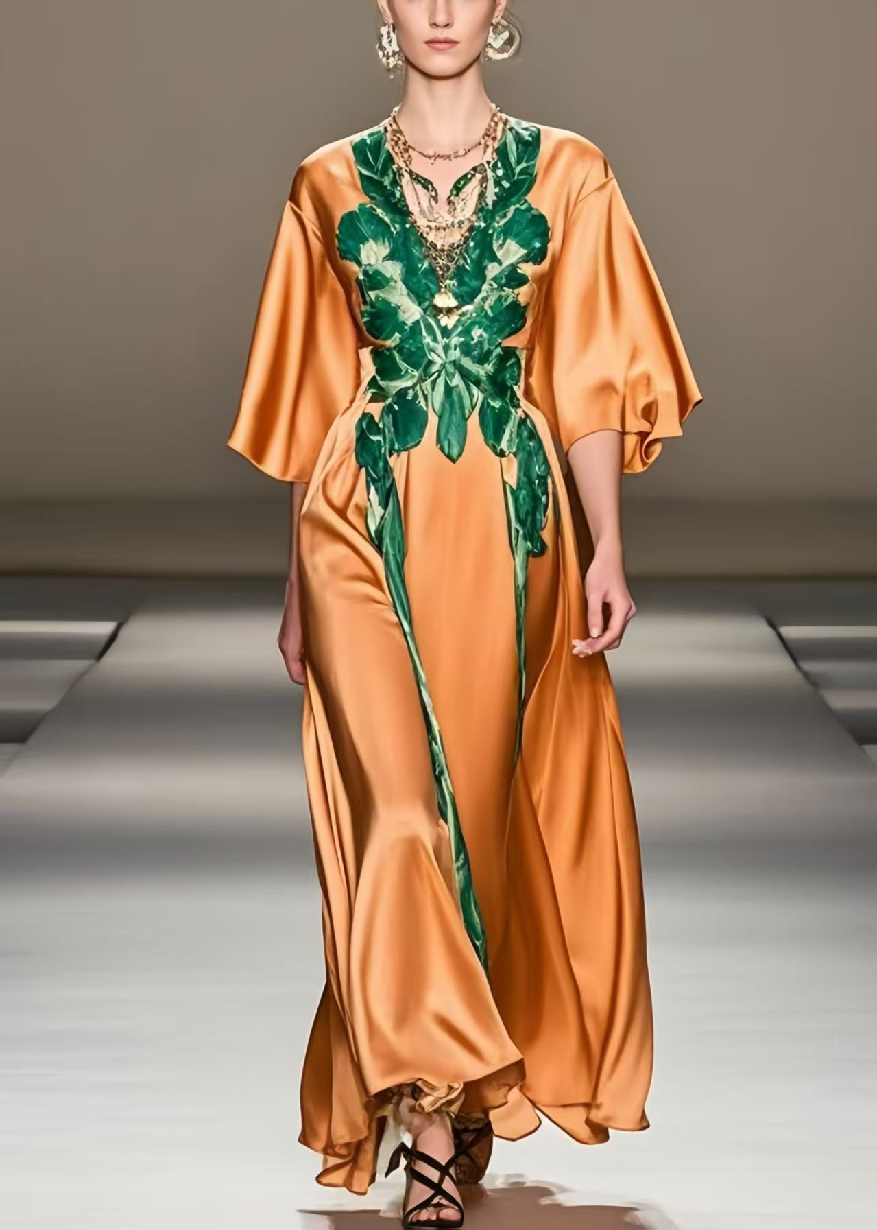 Orange Print Silk Long Dress Half Sleeve