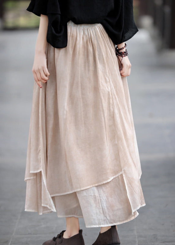 Khaki Elastic Waist Asymmetrical Design Layered Linen Skirts Summer