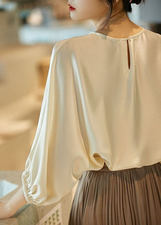 Navy O-neck Oversized Slid Silk Blouse Top Batwing Sleeve