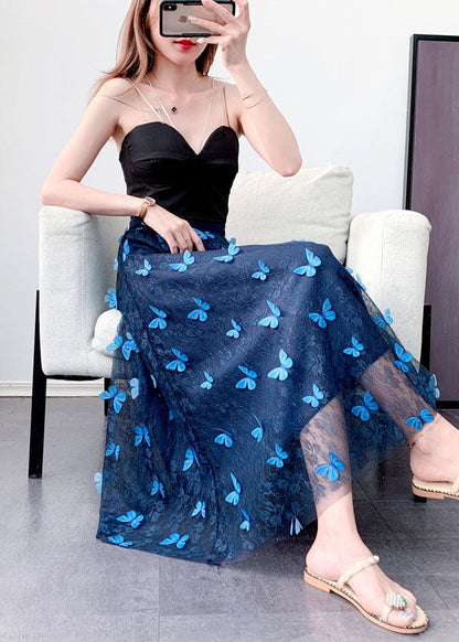 Blue Elastic Waist Tulle Jacquard Fall Skirt