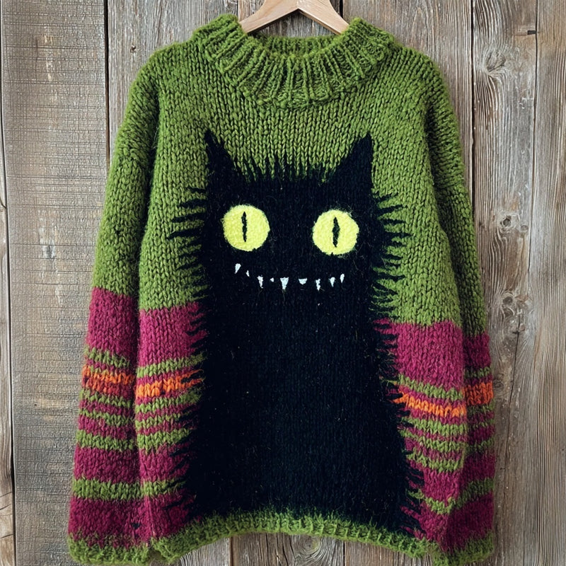 Vintage Halloween Black Cat Art Crew Neck Cozy Knit Sweater elevenforest