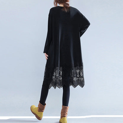 Fine Black Cotton Dresses Cotton Clothing Dresses Fine Lace Ruffles Long Sleeve Cotton Dresses