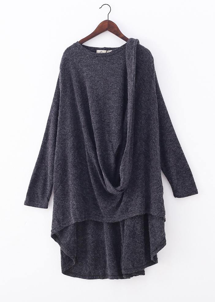 O Neck Asymmetric Tunic Top Outfits Gray Shirts