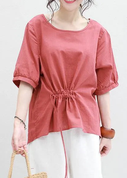 Half Sleeve Linen Tunic Top Red Drawstring Loose Top Summer