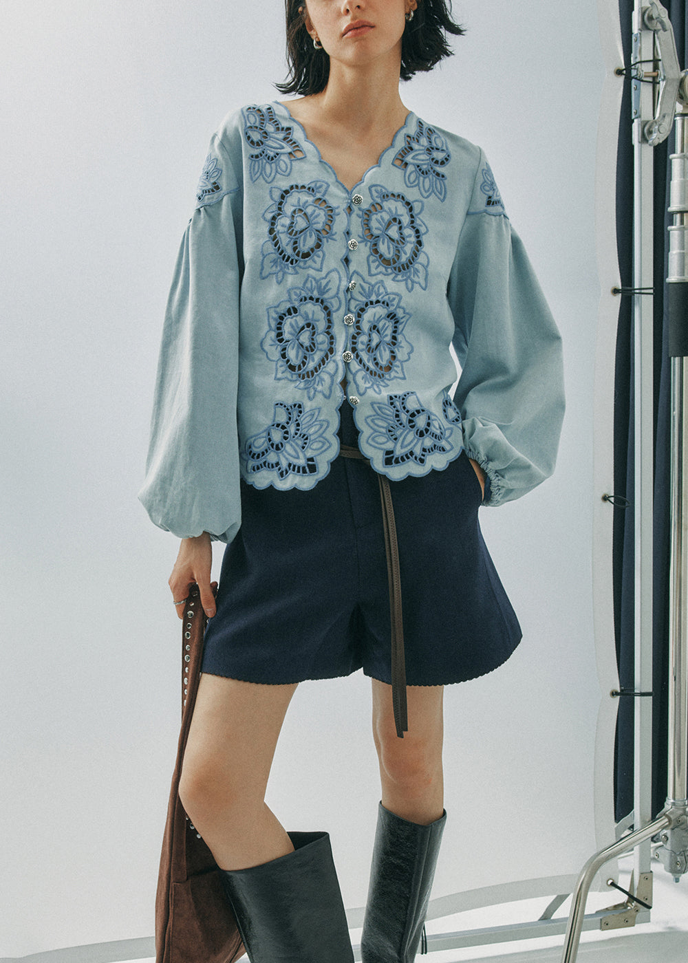 French Blue V Neck Hollow Out Cotton Shirt Top Fall