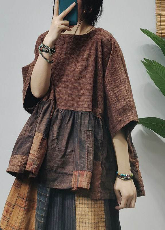 O-neck Wrinkled Patchwork Plaid Shirts Half Sleeve