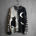 Halloween Black Cat & Bat Contrast Striped Sleeve Knitted Sweater