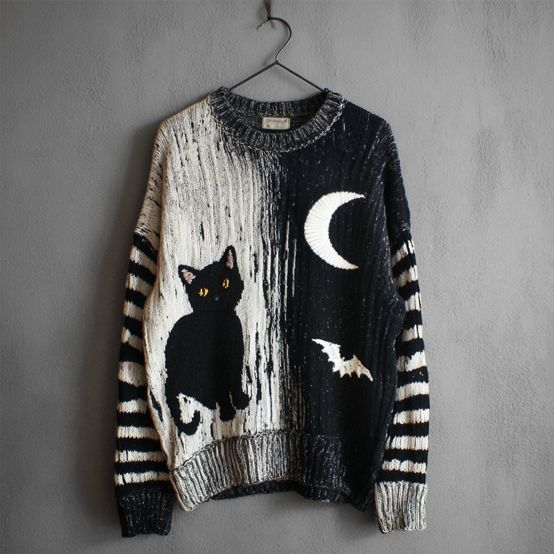 Halloween Black Cat & Bat Contrast Striped Sleeve Knitted Sweater