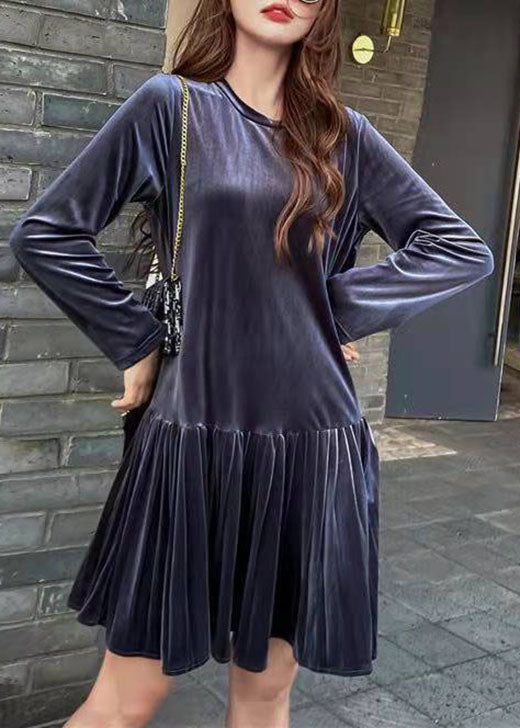 Blue Patchwork Velour Pleated Skirt Spring