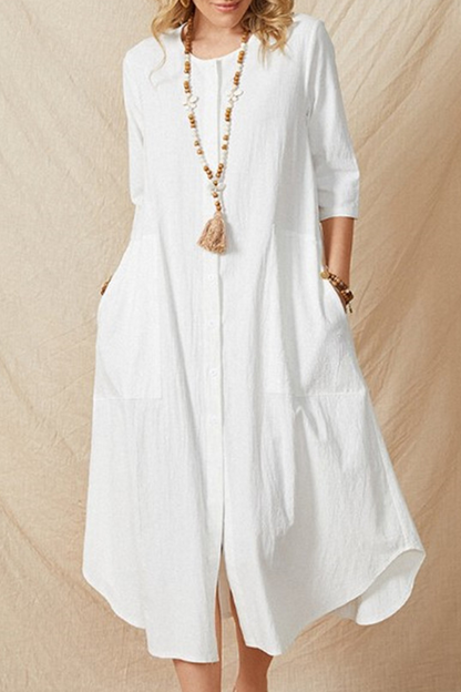 Pocket Buckle O Neck a Line Dresses