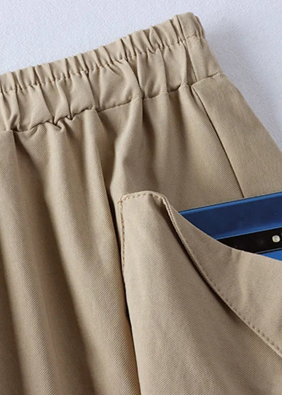 Light Khaki Button Pockets Faux Leathe a Line Skirts Summer