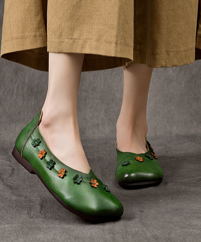 Splicing Flats Green Cowhide Leather