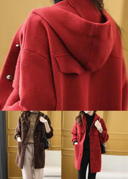 Red Hooded Pockets Patchwork Woolen Coat Fall