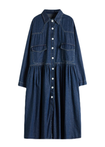 Navy Peter Pan Collar Button Pockets Wrinkled Denim Dress