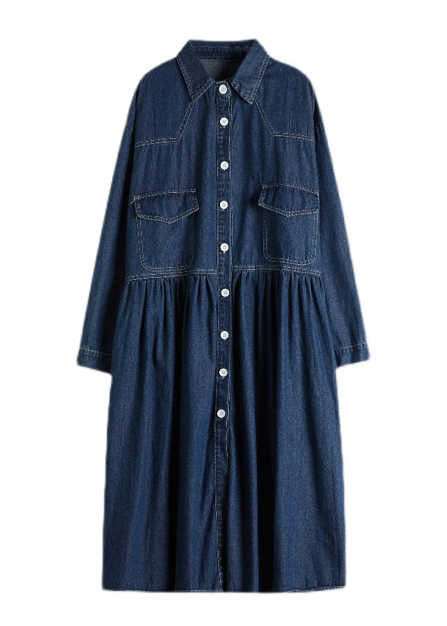 Navy Peter Pan Collar Button Pockets Wrinkled Denim Dress