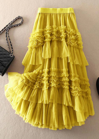 Khaki Asymmetrical Design Tulle Tiered Fall Skirt