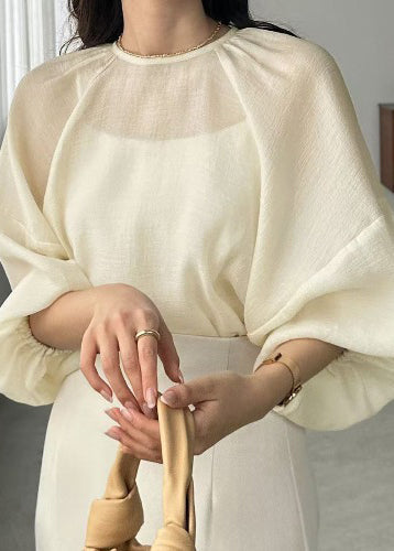 Beige Oversized Chiffon Sheer Top Batwing Sleeve