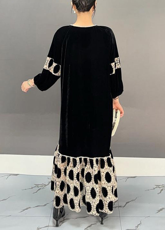 Black V Neck Patchwork Holiday Long Dress Fall