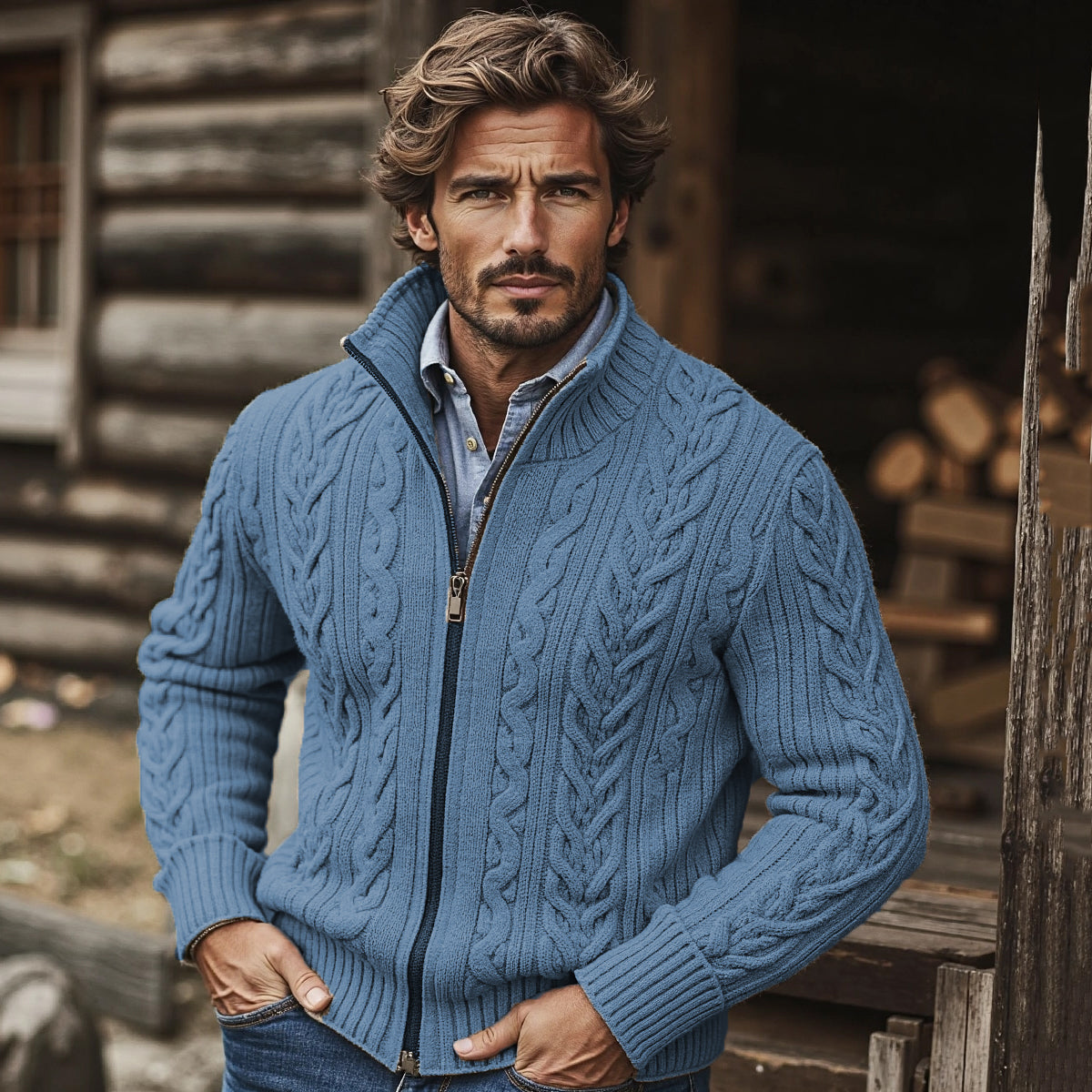Men'S Burlap Pattern Stand Collar Zipper Sweater artswardrobe