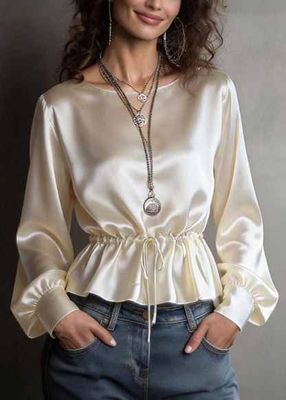 Unique Champagne O Neck Drawstring Silk Top Spring